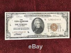 1929 Monnaie Nationale De 20 $ La Banque Fédérale De Réserve De San Francisco Ca Unc