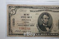 1929 Onaga Kansas National Bank Note 5 $ Devise 12353