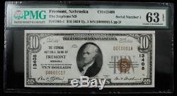 1929 Stephens Banque Nationale Fremont Nebraska $ 10 Monnaie Note Pmg 63 Cu (004)