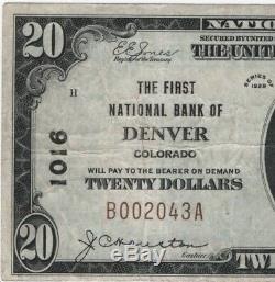 1929 T1 20 $ Premier Billet De Banque De La Banque Nationale De Denver Au Colorado, Devise Nationale Devise Ch Vf