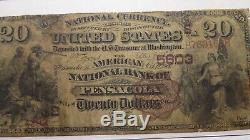 20 $ 1882 Pensacola En Floride Fl Banque Nationale Monnaie Note Bill # 5603 Brown Retour