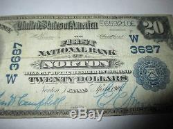 20 $ 1902 Norton Kansas Ks Banque Nationale De Billets De Banque Note! Ch. # 3687 Vf