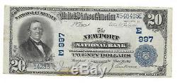20 $. 1905 Newport Delaware Banque Nationale Monnaie Remarque Bill Ch # 997 Grand Format