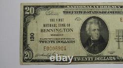 20 1929 Bennington Vermont Vt Monnaie Nationale Note Banque Bill Ch. #130 Fine++
