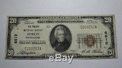 20 $ 1929 Billet De Billet De Banque De La Devise Nationale De Berlin Pennsylvanie Pa! Ch. # 6512 Vf +