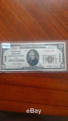 20 $ 1929 Columbus Junction Iowa Ia National Currency Bank Note Ch. # 2032 Fine
