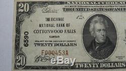 20 $ 1929 Cottonwood Falls Kansas Ks Billet De Banque! # 6590 Vf +
