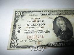 20 $ 1929 Dickinson Dakota Du Nord Nd Banque De Billets De Banque Nationale Note Bill Ch. # 4384