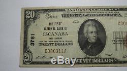 20 $ 1929 Escanaba Michigan MI Banque Nationale Monnaie Note Bill! Ch. # 3761 Vf
