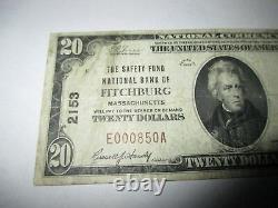 20 $ 1929 Fitchburg Massachusetts Ma Banque Nationale Monnaie Note Bill # 2153 Vf