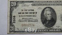 20 $ 1929 Greensburg Pennsylvania Pa Banque Nationale Monnaie Note Bill Ch. # 2558