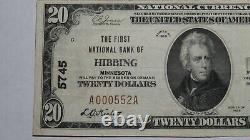 20 $ 1929 Hibbing Minnesota Mn Monnaie Nationale Banque Note Bill Ch. #5745 Vf++