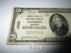 20 $ 1929 Jackson Michigan MI Banque De Billets De Banque Nationale Note! Ch. # 1533 Fine