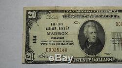 20 $ 1929 Madison Wisconsin Wi Banque Nationale Monnaie Note Bill Ch. # 144 Rare