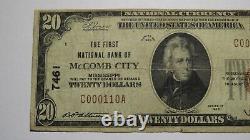 $20 1929 Mccomb City Mississippi Ms National Monnaie Banque Note Bill! #7461 Fine