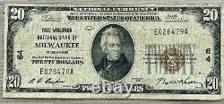 20 $ 1929 Monnaie Nationale Milwaukee Première Banque Nationale Du Wisconsin