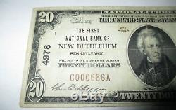 20 $ 1929 New Bethlehem En Pennsylvanie Pa Banque Nationale Monnaie Note Bill # 4978 Vf