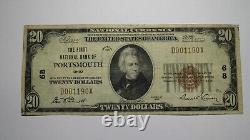 20 1929 Portsmouth Ohio Oh Monnaie Nationale Banque Note Bill Charte #68 Vf