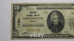 20 $ 1929 Portsmouth Virginia Va Banque Nationale Monnaie Note Bill! Ch. # 11381 Vf