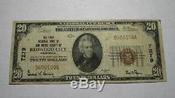 20 $ 1929 Redwood City En Californie Ca Banque Nationale Monnaie Note Bill! # 7279 Fin