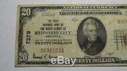 20 $ 1929 Redwood City En Californie Ca Banque Nationale Monnaie Note Bill! # 7279 Fin