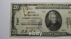 20 1929 Union Springs Alabama Al Monnaie Nationale Note De La Banque Bill Ch #7467 Rare