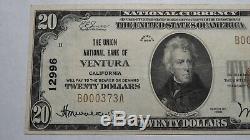 20 $ 1929 Ventura Californie Ca Banque Nationale Monnaie Note Bill Ch. # 12996 Vf