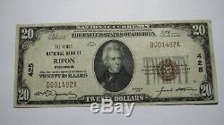 20 $ 1929 Wisconsin Wi Ripon Monnaie Nationale De Billets De Banque Bill Ch. # 425 Vf