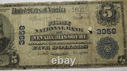 $5 1902 Nevada Missouri Mo Monnaie Nationale Banque Note Bill! Ch. #3959 Rare