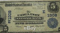 5 $ 1902 Utica New York City Ny Banque Nationale Monnaie Note Bill! Ch. # 1308 Fin