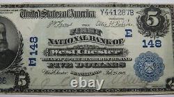 $5 1902 West Chester Pennsylvania Ap National Monnaie Banque Note Bill #148 Vf+++
