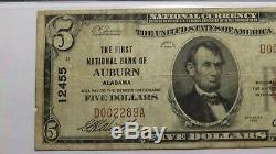 $ 5 1929 Auburn Alabama Al Banque Nationale Monnaie Note Bill Ch. # 12455 Fine Pmg