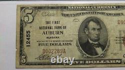 5 1929 Auburn Alabama Al Monnaie Nationale Banque Note Bill Ch. #12455 Fine Pmg