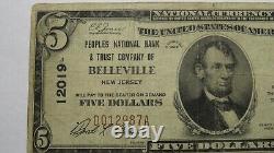 5 $ 1929 Belleville New Jersey Nj Banque Nationale Monnaie Note Bill Ch # 12019 Rare