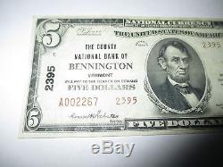 5 $ 1929 Bennington Vermont Vt National Currency Note De La Banque Bill Ch. # 2395 Vf ++
