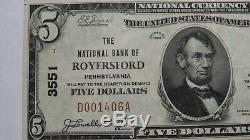 5 $ 1929 Billet De Billet De Banque De La Devise Nationale De Royersford Pennsylvanie Pa! # 3551 Vf ++