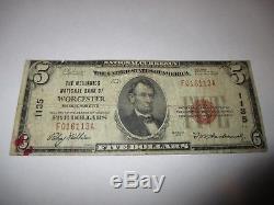 5 $ 1929 Billet De Billet De Banque En Monnaie Nationale De Worcester Massachusetts Ma! # 1135 Fin