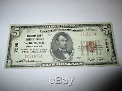 5 $ 1929 Billet De Billet De Banque En Monnaie Nationale De Worcester Massachusetts Ma! # 7595 Vf ++