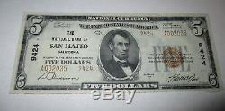 5 $ 1929 Billet De Billets De Banque En Monnaie Nationale De San Mateo California Ca! Ch. # 9424 Vf