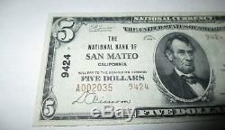 5 $ 1929 Billet De Billets De Banque En Monnaie Nationale De San Mateo California Ca! Ch. # 9424 Vf
