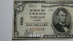 5 1929 Chicago Illinois IL Monnaie Nationale Note De Banque Bill Ch. #4606 Rare