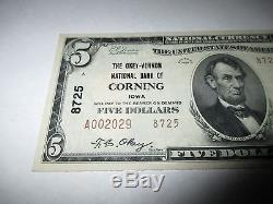 5 $ 1929 Corning Iowa Ia Banque De Monnaie Nationale Note Bill Ch. # 8725 Au ++