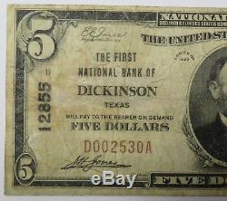 5 $ 1929 Dickinson Texas Ty 1 Charte 12855 Banque De La Monnaie Nationale Note # 18344f