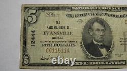 $5 1929 Evansville Indiana En Monnaie Nationale Note De La Banque Bill Ch. #12444 Fine