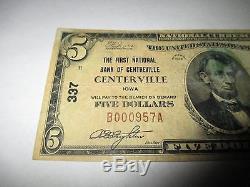 5 $ 1929 Facture De Billet De Banque En Devise Nationale De Centerville Iowa Ia! Ch. # 337 Bien