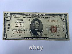 5 1929 Fargo Dakota Du Nord Nd Banque Nationale De Devises Note Bill Ch. #12026
