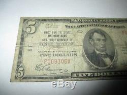 5 $ 1929 Fort Wayne Indiana In Billet De Banque National En Monnaie De Banque Bill Ch # 11 Rare