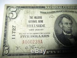 $ 5 1929 Hillside New Jersey Nj Note De La Banque Monétaire Nationale Bill! Ch. # 11727 Fine