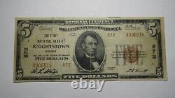 $5 1929 Knightstown Indiana En Monnaie Nationale Banque Note Bill! Ch. #872 Fine+
