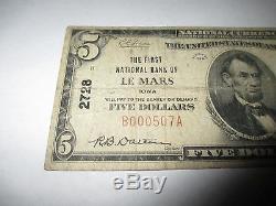 5 $ 1929 Le Mars Iowa Ia Note De La Banque Monétaire Nationale Bill Ch. # 2728 Fine Rare